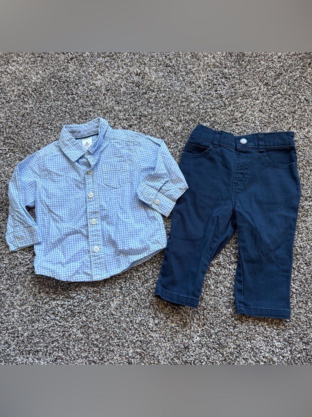 Baby Boy Light Blue Check Button-Up Shirt with Navy Pants